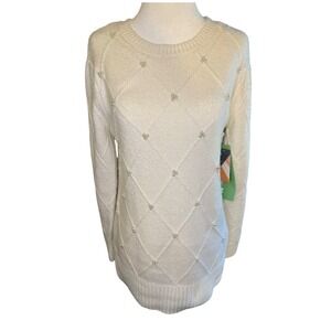 Ally Mae White Pearl Embellished Diamond Cable Knit Sweater Petite Small NEW